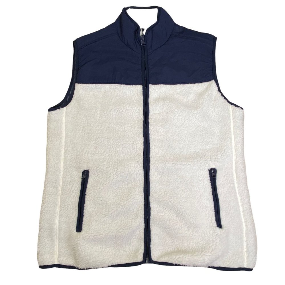 Crown & Ivy Sherpa Fleece Vest Mens Medium White Navy Blue Colorblock